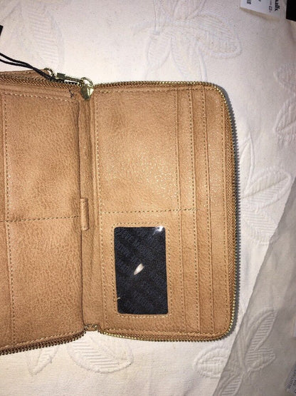 Steve Madden Wallet Camel Stamped Logo Gold Zipper Organizer Wristlet Ships Free