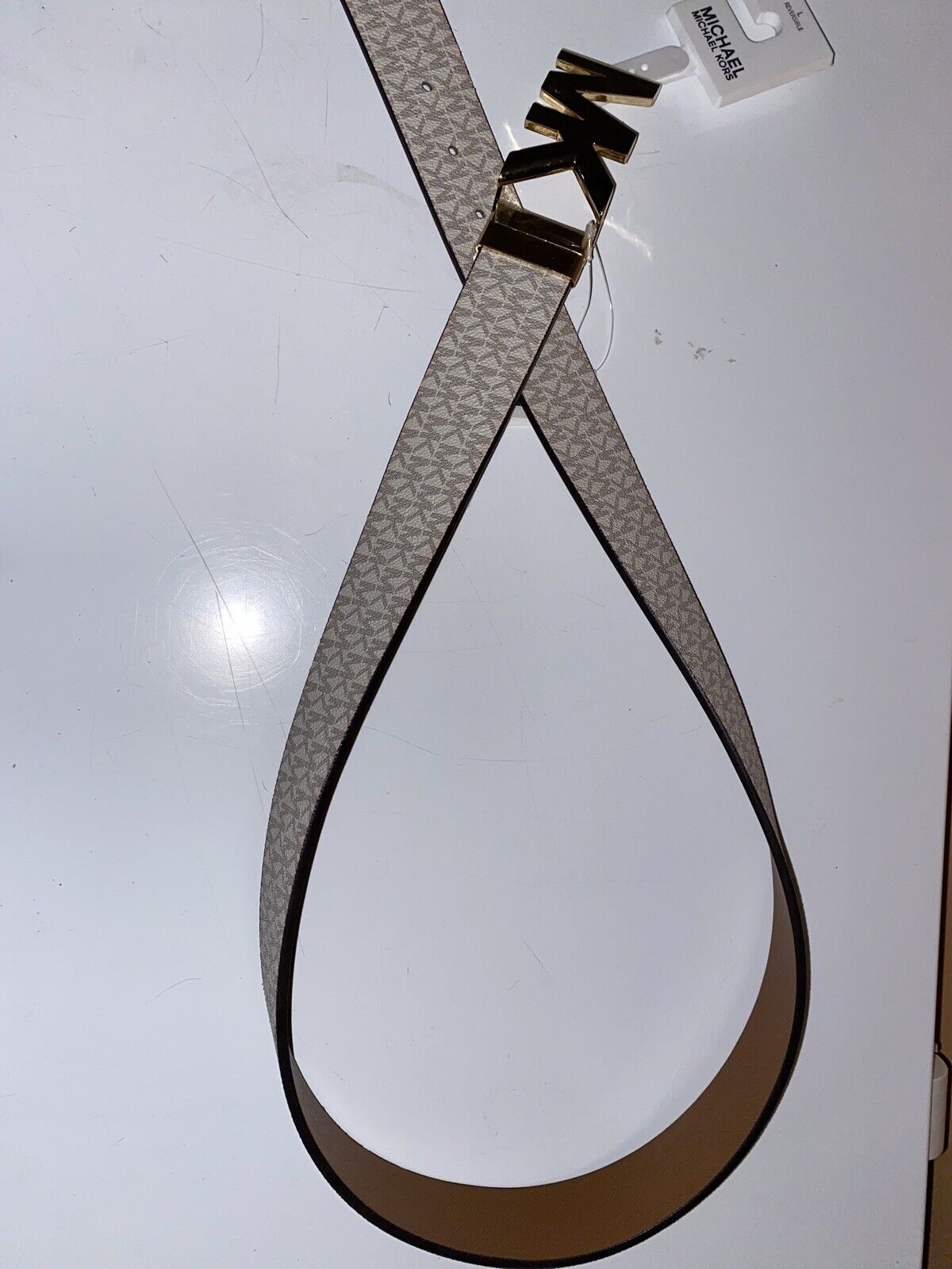 MICHAEL KORS BELT VANILLA/LUGGAGE XL PRINTED MK LOGO WITH GOLD MK LOGO BUCKLE