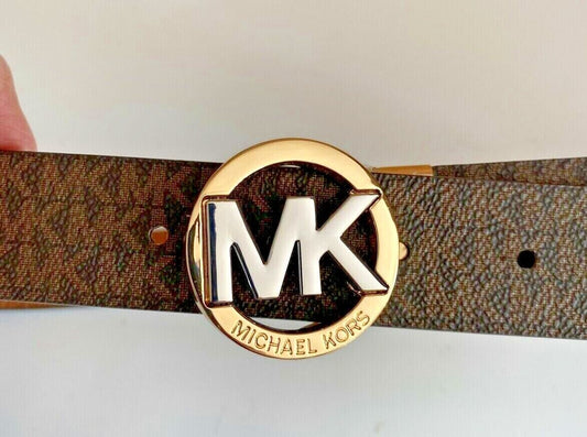 Michael Kors Belt Reversible Chocolate To Luggage Two-Tone MK Logo Buckle Nice!!