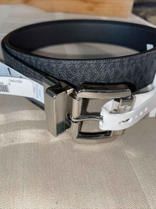 MICHAEL KORS BELT BLACK TO BLACK MK LOGO TWIST REVSESIBLE SILVER BUCKLE MSRP $58