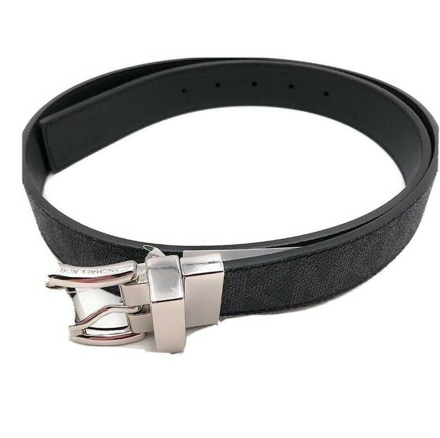 MICHAEL KORS BELT BLACK TO BLACK MK LOGO TWIST REVSESIBLE SILVER BUCKLE MSRP $58