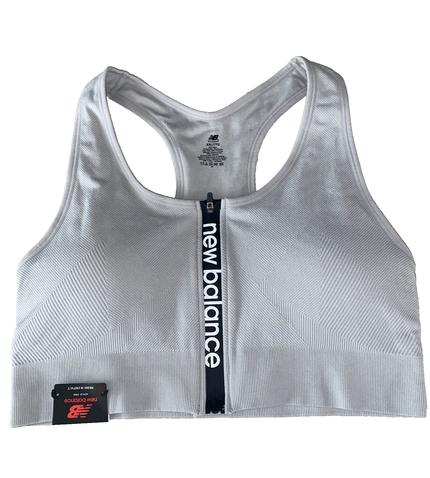 NEW BALANCE Medium Impact Sports Bra Style #R000440 GRAY~ FRONT ZIP LOGO Sz. XXL