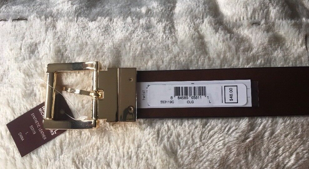MICHAEL KORS BELT REVERSIBLE CHOCOLATE TO LUGGAGE MK LOGO GOLD BUCKLE MSRP $48