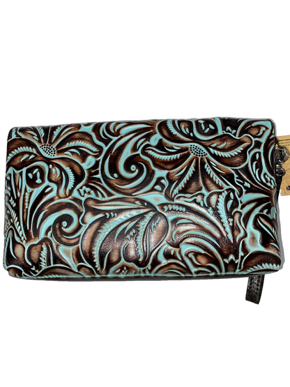 Patricia Nash Valerie Turquoise Tooled Leather Fold Over Clutch Wristlet New