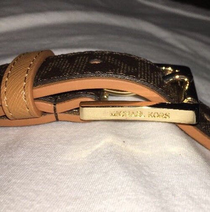 MICHAEL KORS BELT BROWN WITH TAN TRIM & BELT LOOP PRINTED MK LOGO GOLD BUCKLE