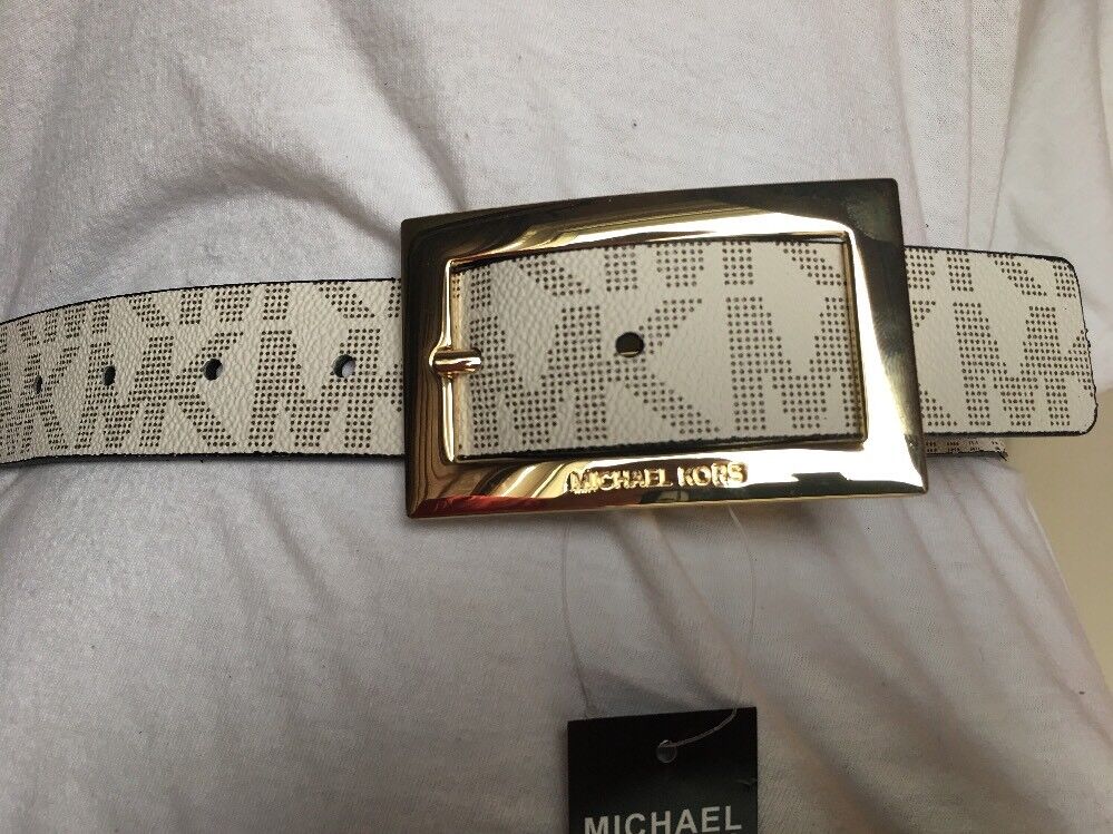 MICHAEL KORS BELT VANILLA/BLACK MK LOGO GOLD RECTANGULAR BUCKLE   MSRP $48