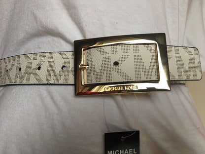 MICHAEL KORS BELT VANILLA/BLACK MK LOGO GOLD RECTANGULAR BUCKLE   MSRP $48