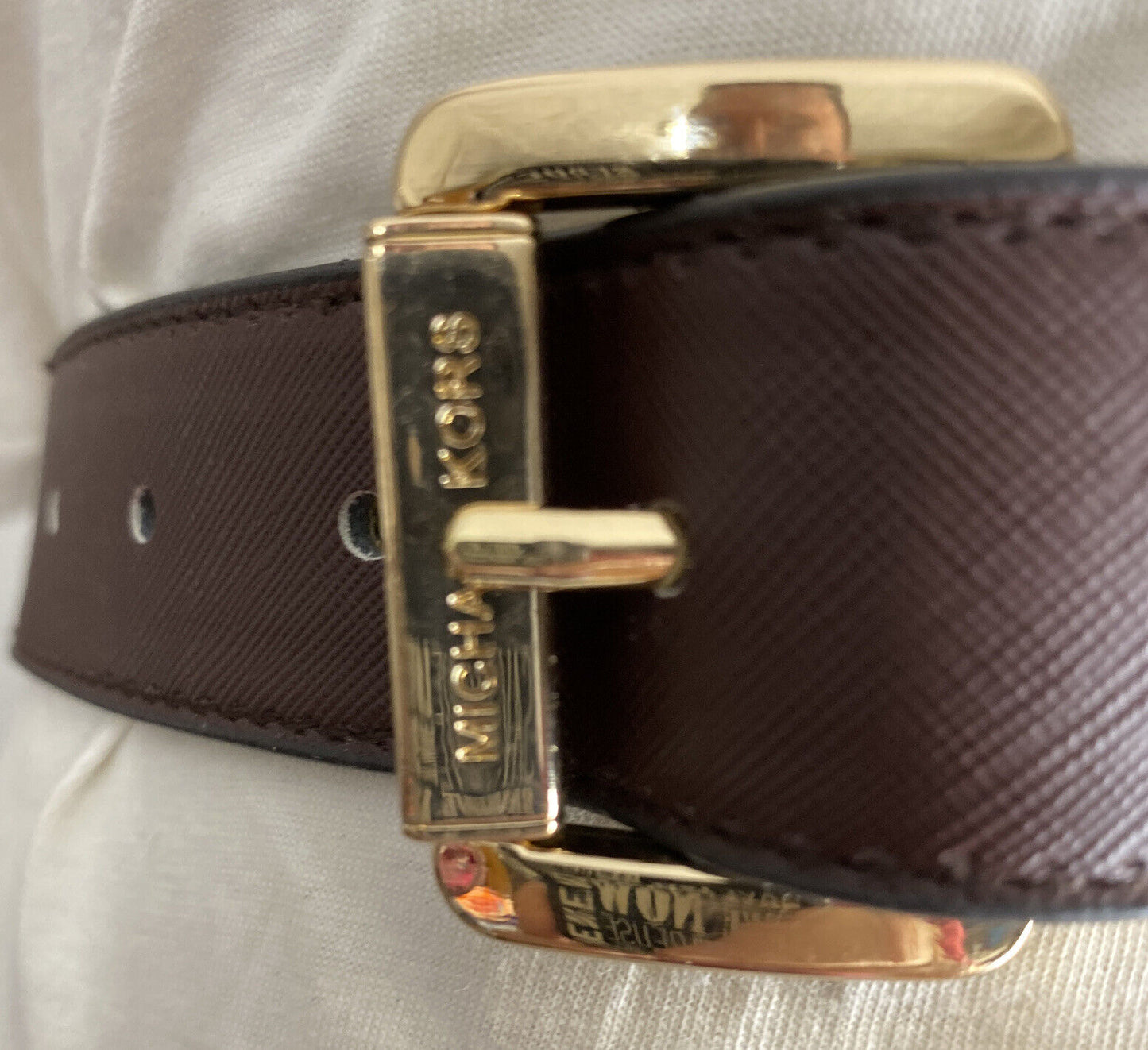 MICHAEL KORS BELT REVERSIBLE BROWN TO VANILLA PRINTED MK LOGO GOLD BUCKLE NICE!!