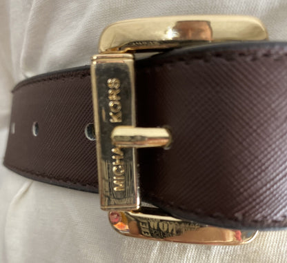 MICHAEL KORS BELT REVERSIBLE BROWN TO VANILLA PRINTED MK LOGO GOLD BUCKLE NICE!!