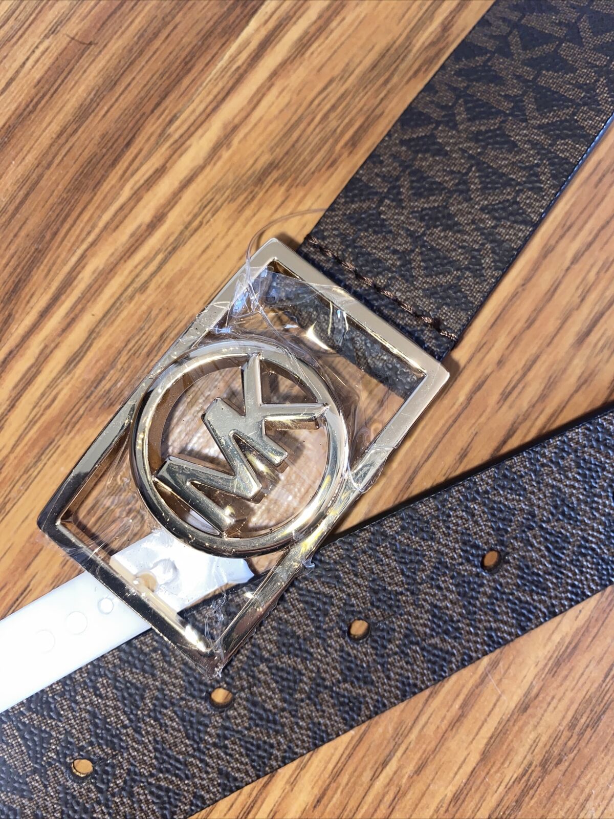 MICHAEL KORS BELT BROWN MK MINI LOGO GOLD MK RECTANGULAR CIRCLE BUCKLE RARE!!