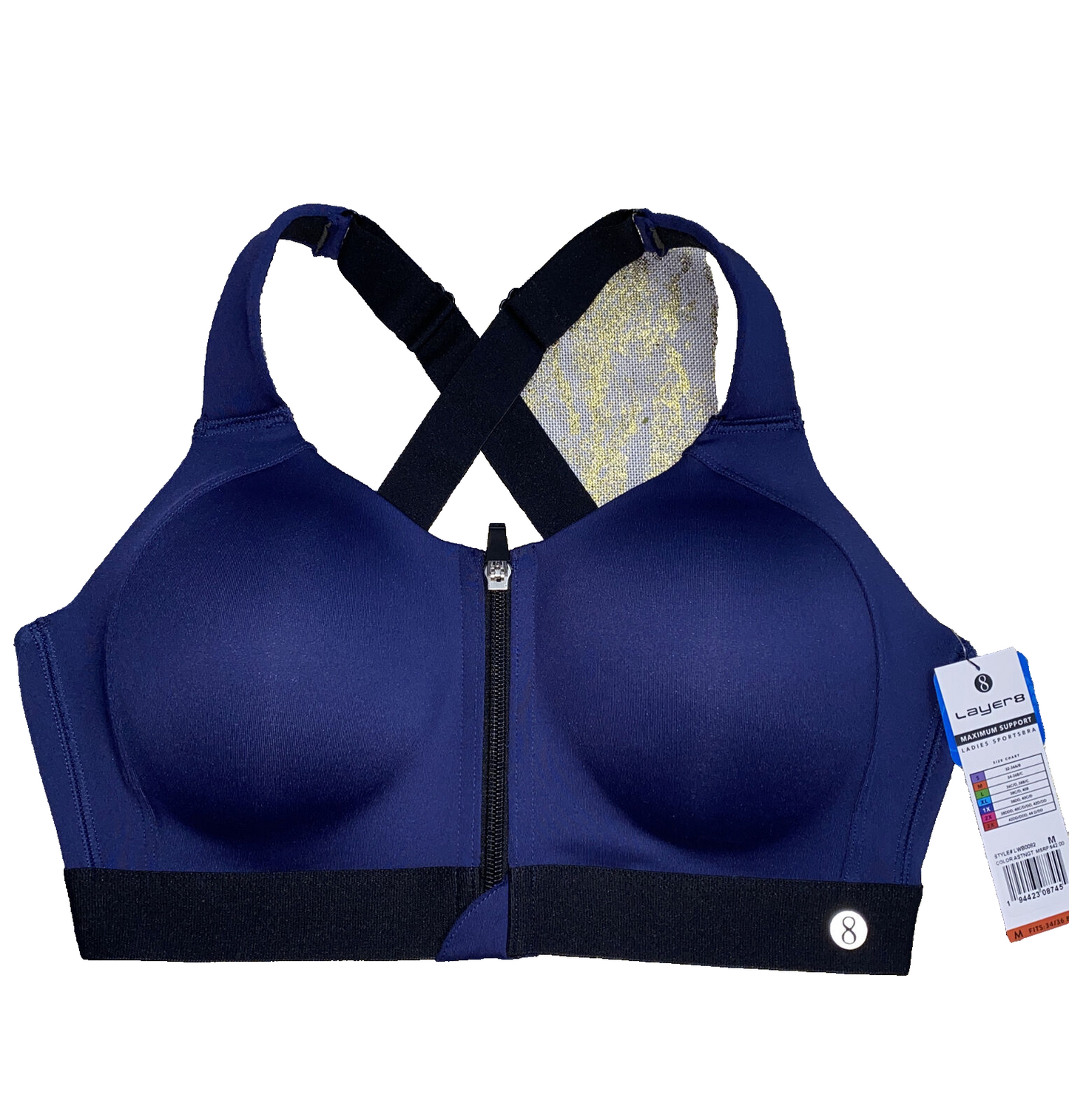 LAYER 8 MAXIMUM SUPPORT SIZE MEDIUM SPORT BRA FITTED BLUE/BLACK Front Zipper-NEW