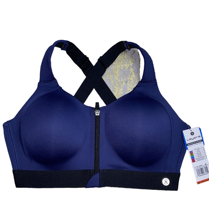 LAYER 8 MAXIMUM SUPPORT SIZE MEDIUM SPORT BRA FITTED BLUE/BLACK Front Zipper-NEW