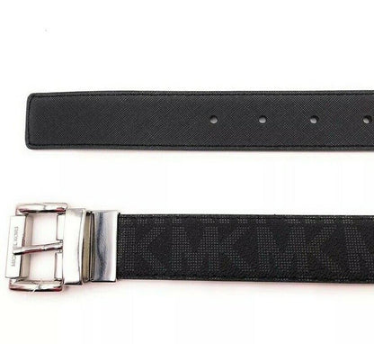 MICHAEL KORS BELT BLACK TO BLACK MK LOGO TWIST REVSESIBLE SILVER BUCKLE MSRP $58
