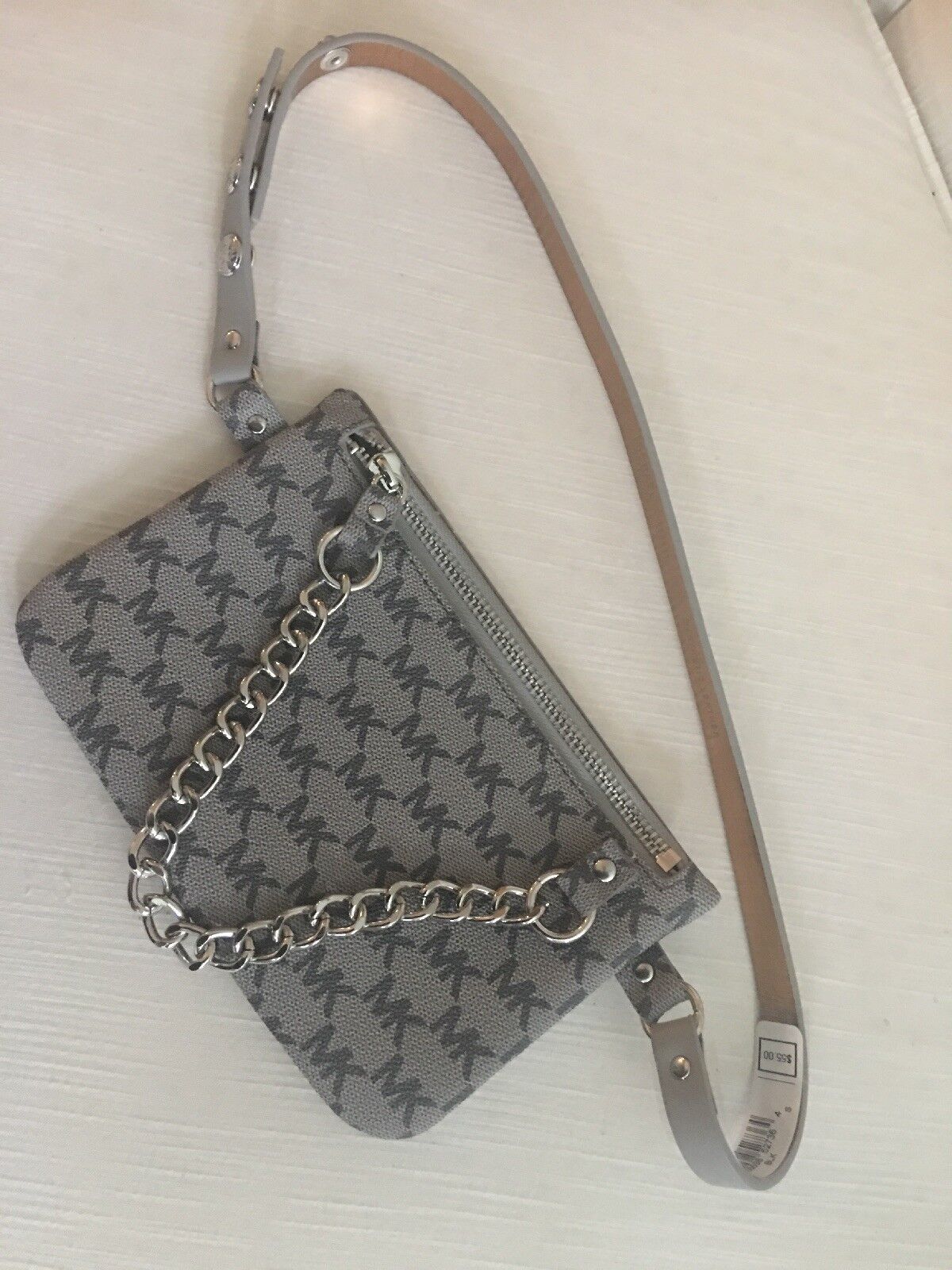 MICHAEL KORS Fanny Pack Belt Grey Multi MK Logo Silver Chain CLASSIC STYLE!!