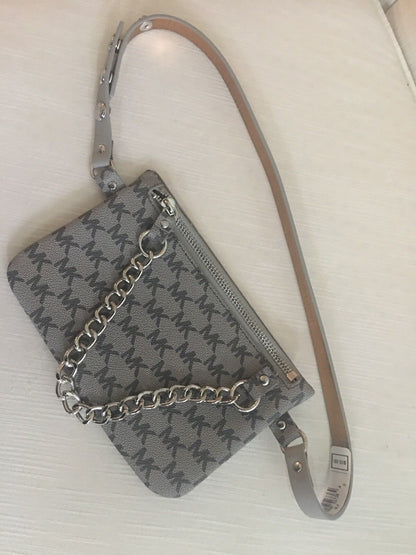 MICHAEL KORS Fanny Pack Belt Grey Multi MK Logo Silver Chain CLASSIC STYLE!!