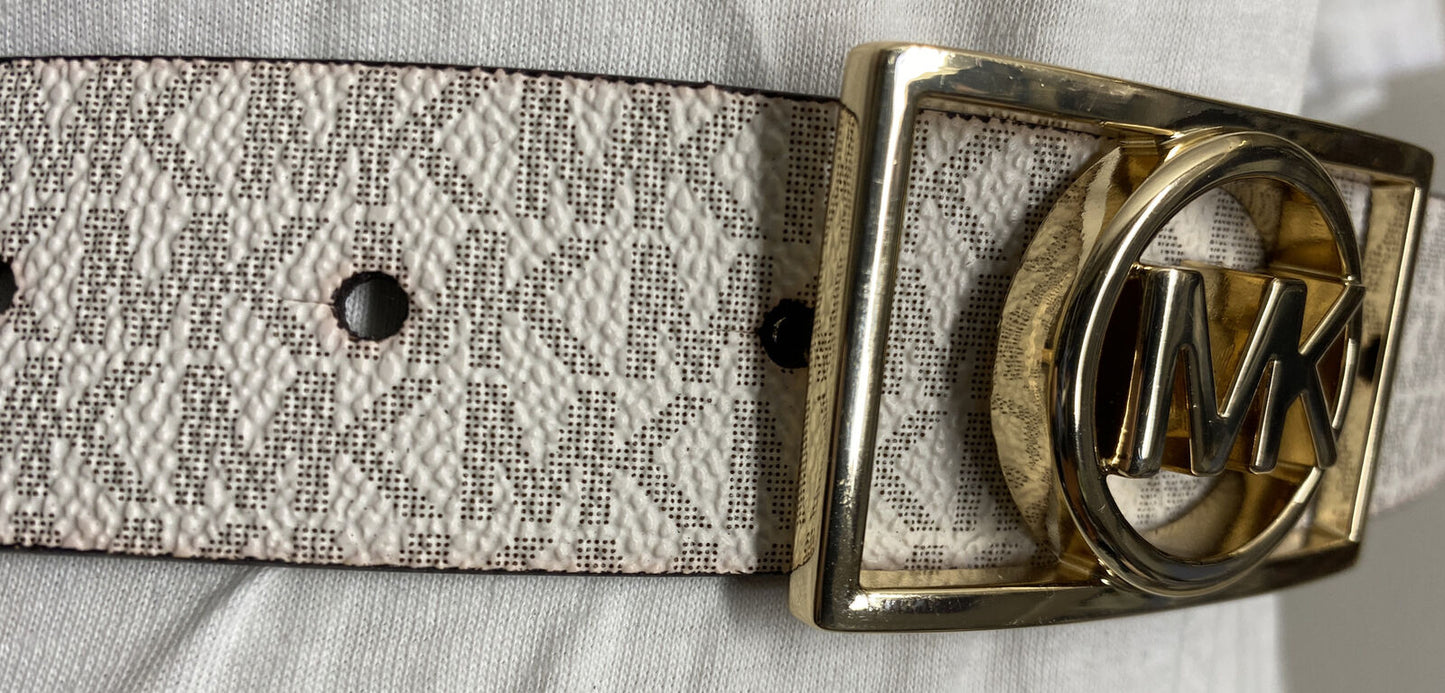 MICHAEL KORS BELT WHITE MK MINI LOGO GOLD MK RECTANGULAR CIRCLE BUCKLE RARE!!