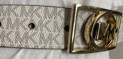 MICHAEL KORS BELT WHITE MK MINI LOGO GOLD MK RECTANGULAR CIRCLE BUCKLE RARE!!