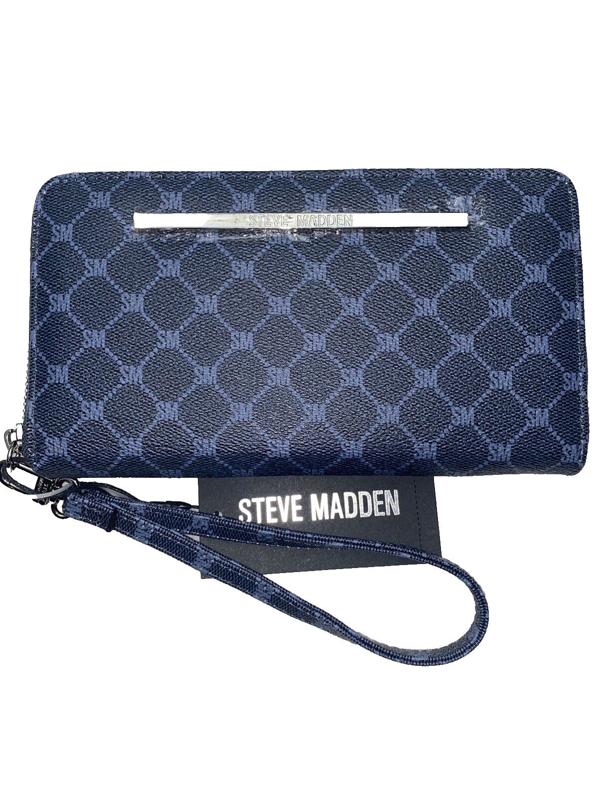 Steve Madden Wallet Navy&Blue Printed SM Logo Zip Around Silver Hardware NEW