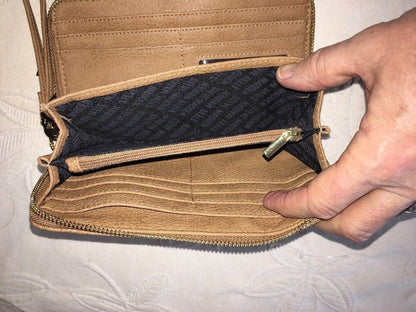 Steve Madden Wallet Camel Stamped Logo Gold Zipper Organizer Wristlet Ships Free