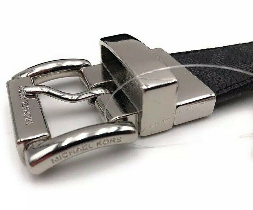 MICHAEL KORS BELT BLACK TO BLACK MK LOGO TWIST REVSESIBLE SILVER BUCKLE MSRP $58