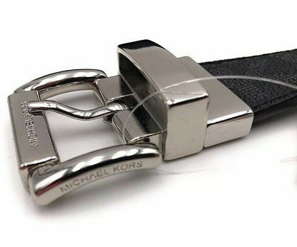 MICHAEL KORS BELT BLACK TO BLACK MK LOGO TWIST REVSESIBLE SILVER BUCKLE MSRP $58