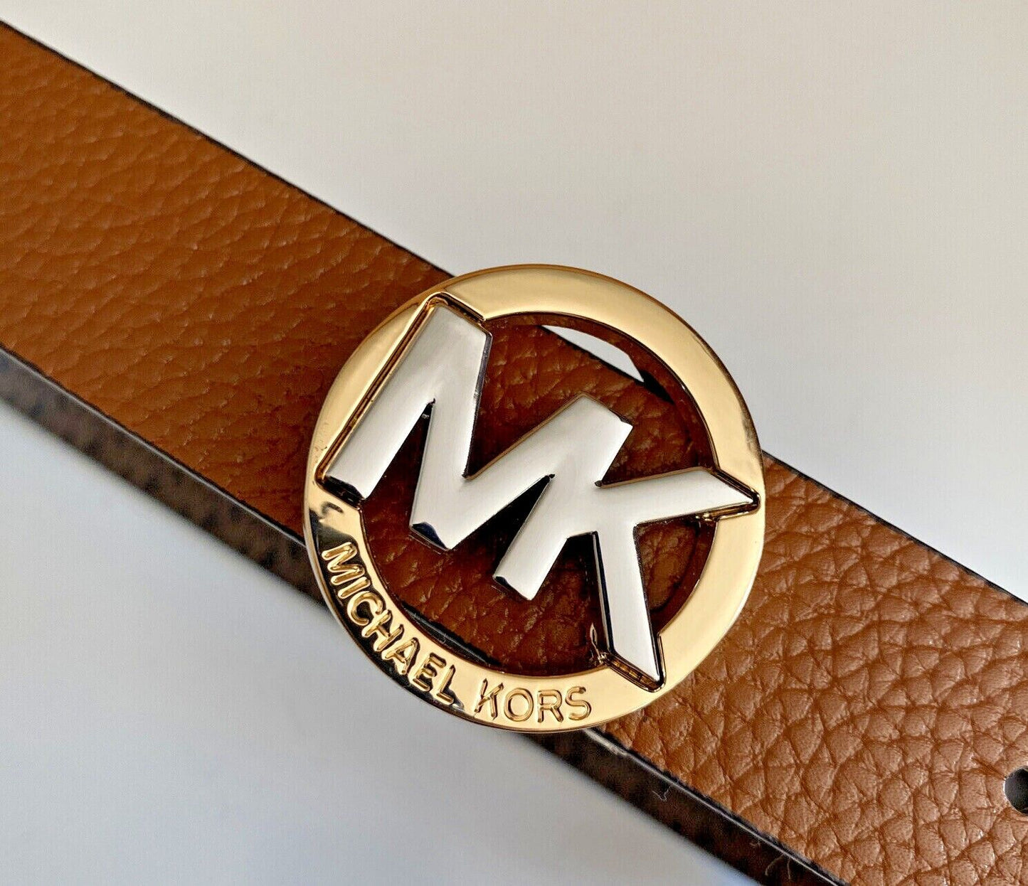 Michael Kors Belt Reversible Chocolate To Luggage Two-Tone MK Logo Buckle Nice!!