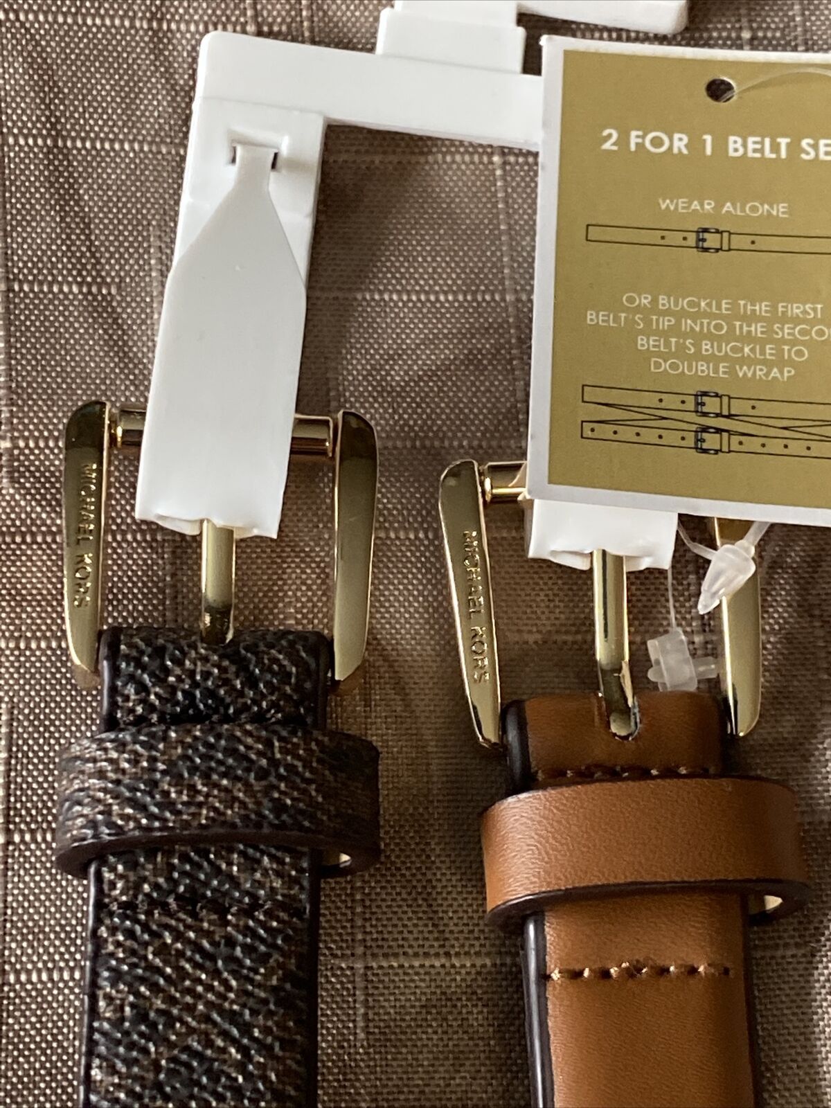 Michael Kors belts 2 For 1 Brown MK Logo/Luggage Gold Buckles "Skinny" MSRP $48