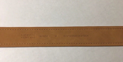 MICHAEL KORS BELT BROWN WITH TAN TRIM & BELT LOOP PRINTED MK LOGO GOLD BUCKLE
