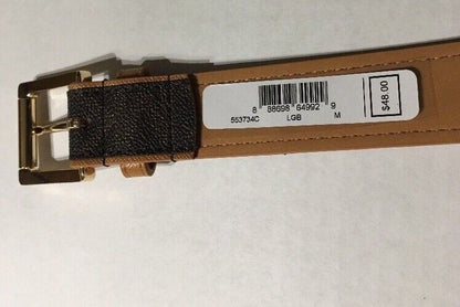 MICHAEL KORS BELT BROWN WITH TAN TRIM & BELT LOOP PRINTED MK LOGO GOLD BUCKLE