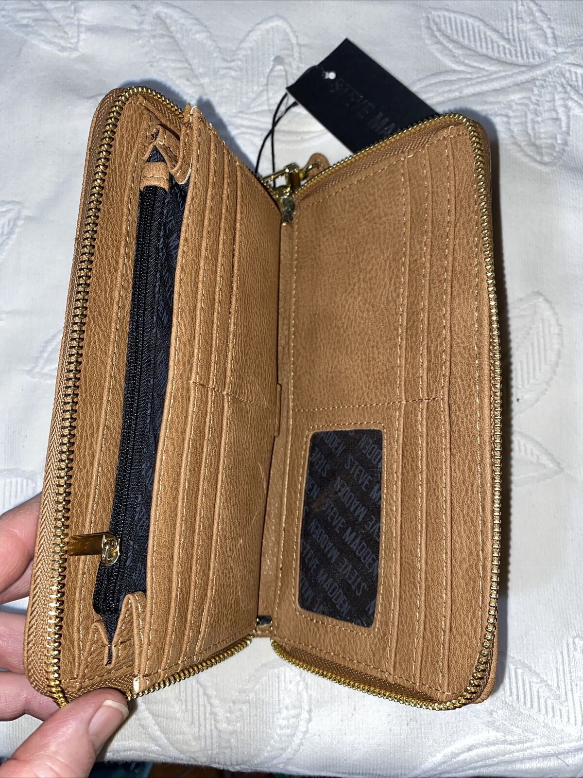 Steve Madden Wallet Wristlet Camel (tan) With Small Stamped Logo Gold Zipper