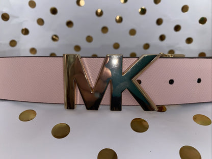 Michael Kors Belt Reversible Luggage/Pink Genuine Leather Gold MK Logo Buckle