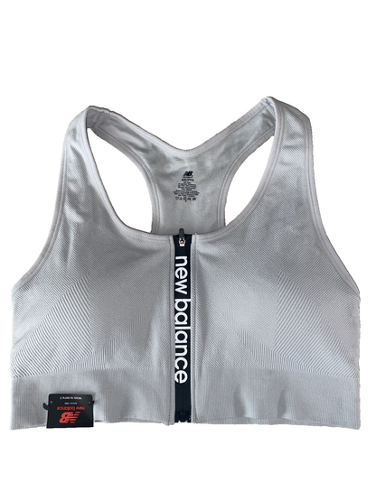 NEW BALANCE Medium Impact Sports Bra Style #R000440 GRAY~ FRONT ZIP LOGO Sz. XXL