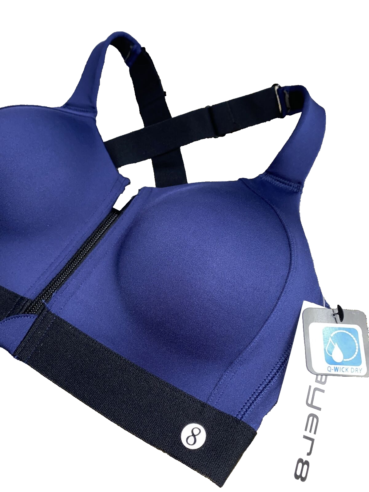 LAYER 8 MAXIMUM SUPPORT SIZE MEDIUM SPORT BRA FITTED BLUE/BLACK Front Zipper-NEW