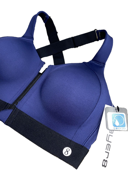 LAYER 8 MAXIMUM SUPPORT SIZE MEDIUM SPORT BRA FITTED BLUE/BLACK Front Zipper-NEW