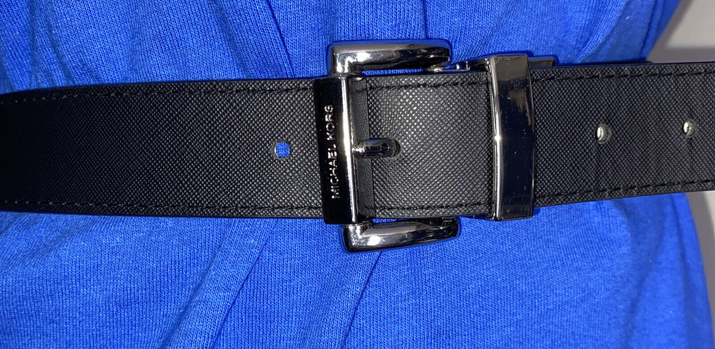 MICHAEL KORS BELT BLACK TO BLACK MK LOGO TWIST REVSESIBLE SILVER BUCKLE MSRP $58