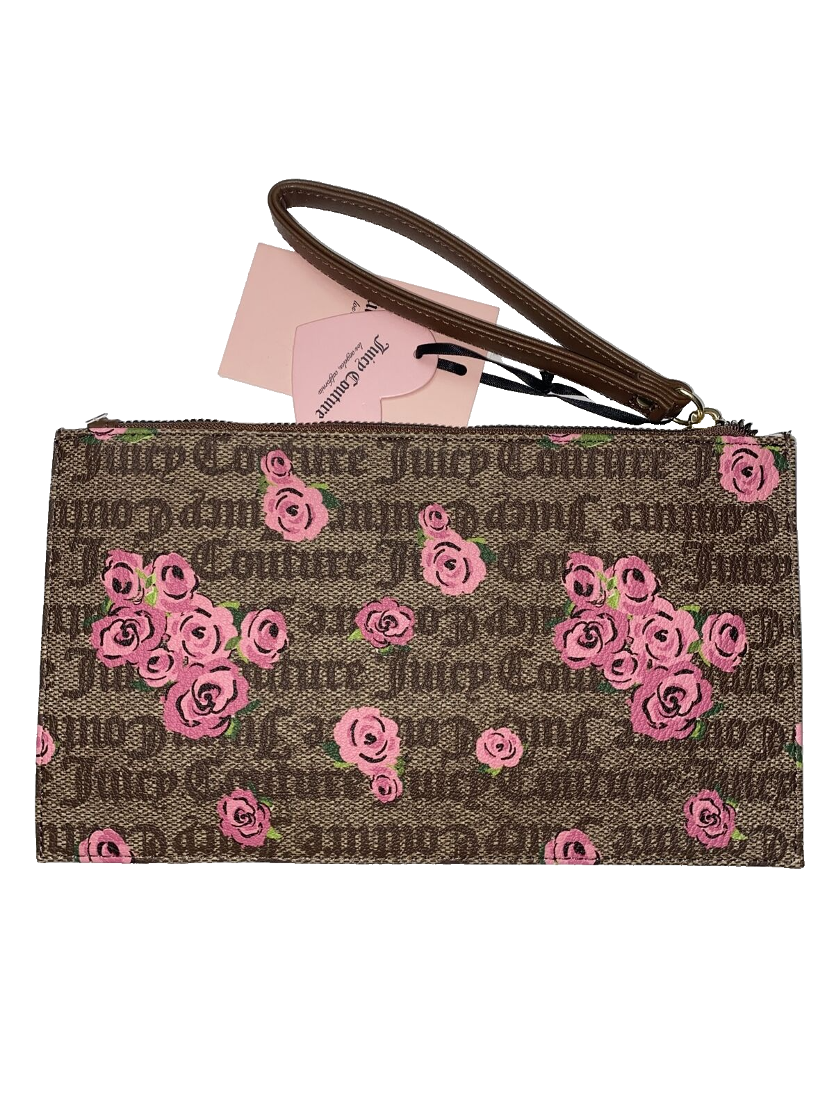 Juicy Couture~Wristlet Wallet Pink Bloom Brown FURGET Me Not~Gothic Logo~CUTE