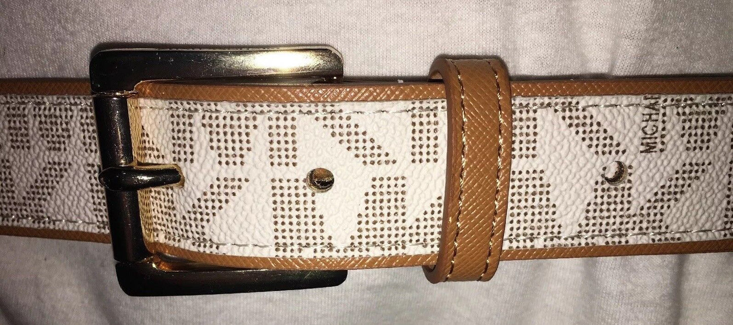 MICHAEL KORS BELT VANILLA MK LOGO WITH LUGGAGE (TAN) EDGING MK STYLE!! MSRP $48