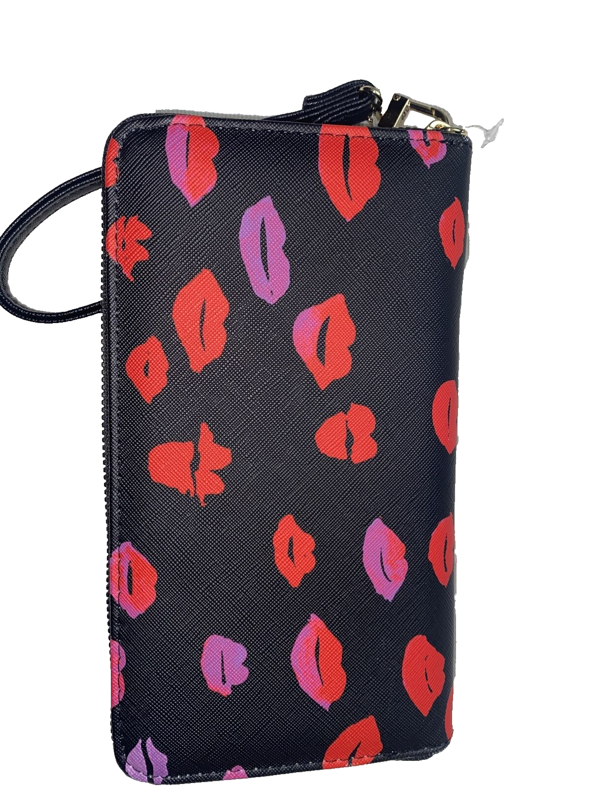 Betsey Johnson Zip Around Wristlet Wallet MOUTHS & LIPS BLACK Background NWT