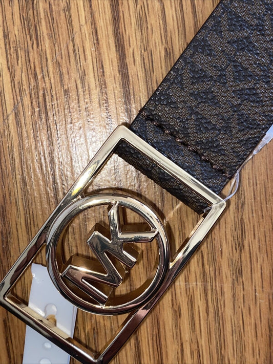 MICHAEL KORS BELT BROWN MK MINI LOGO GOLD MK RECTANGULAR CIRCLE BUCKLE RARE!!
