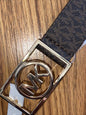 MICHAEL KORS BELT BROWN MK MINI LOGO GOLD MK RECTANGULAR CIRCLE BUCKLE RARE!!