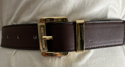 MICHAEL KORS BELT REVERSIBLE BROWN TO VANILLA PRINTED MK LOGO GOLD BUCKLE NICE!!