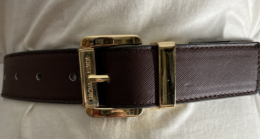 MICHAEL KORS BELT REVERSIBLE BROWN TO VANILLA PRINTED MK LOGO GOLD BUCKLE NICE!!