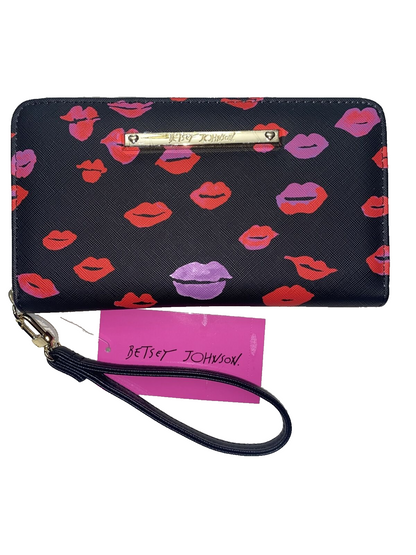 Betsey Johnson Zip Around Wristlet Wallet MOUTHS & LIPS BLACK Background NWT