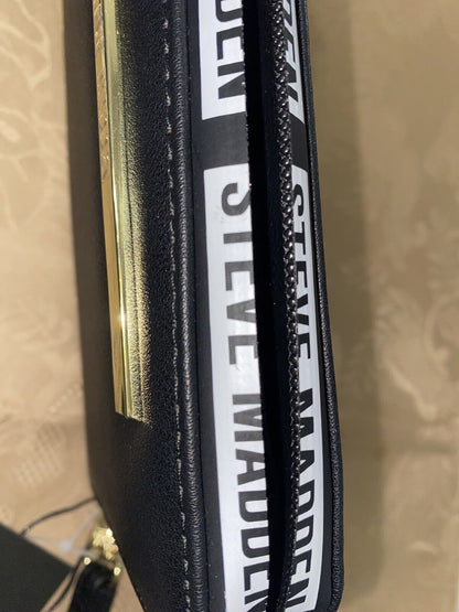 STEVE MADDEN WALLET WRISTLET BLACK WRAP AROUND LOGO SMOOTH TEXTURED