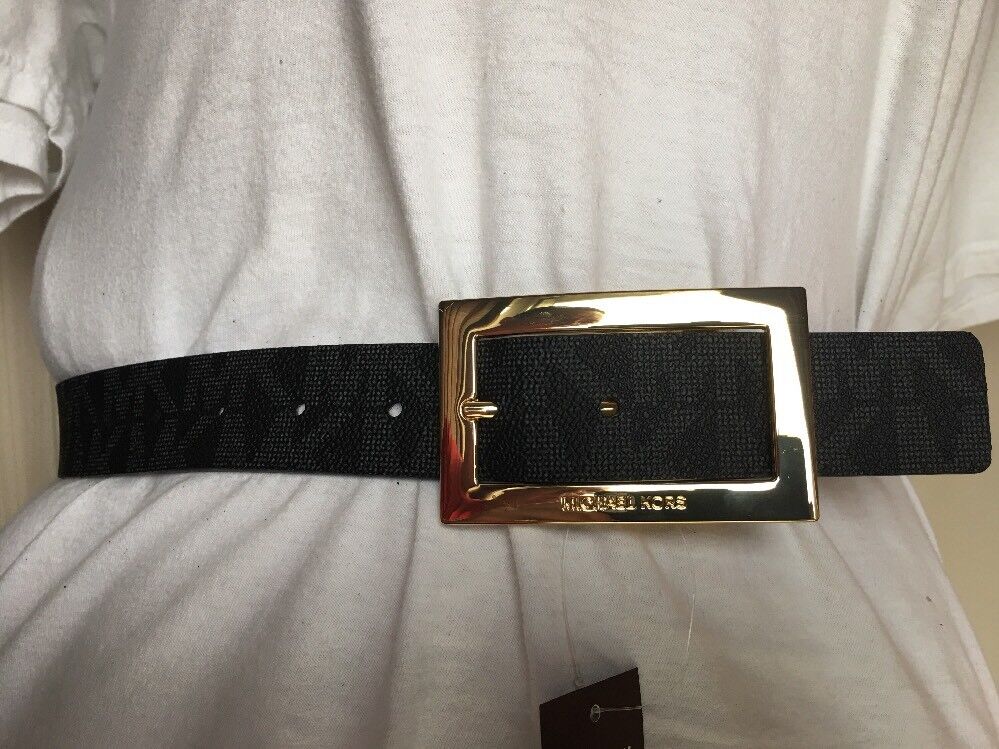 MICHAEL KORS BELT VANILLA/BLACK MK LOGO GOLD RECTANGULAR BUCKLE   MSRP $48