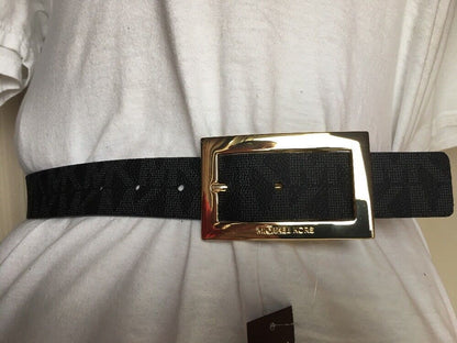 MICHAEL KORS BELT VANILLA/BLACK MK LOGO GOLD RECTANGULAR BUCKLE   MSRP $48