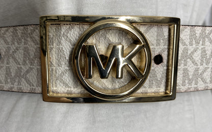 MICHAEL KORS BELT WHITE MK MINI LOGO GOLD MK RECTANGULAR CIRCLE BUCKLE RARE!!