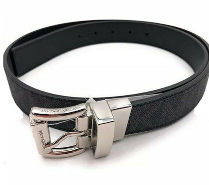 MICHAEL KORS BELT BLACK TO BLACK MK LOGO TWIST REVSESIBLE SILVER BUCKLE MSRP $58