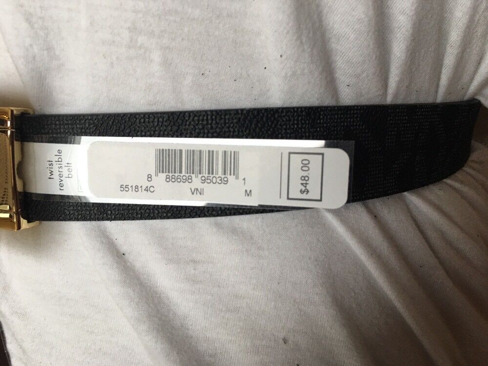 MICHAEL KORS BELT VANILLA/BLACK MK LOGO GOLD RECTANGULAR BUCKLE   MSRP $48