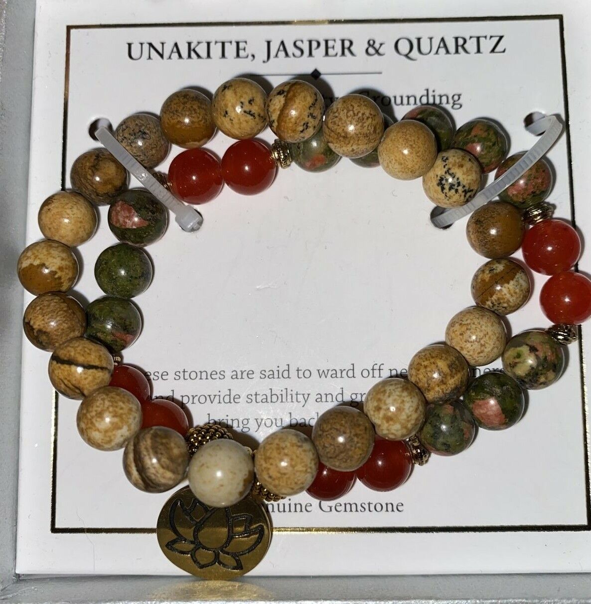 SHIVAM UNAKITE, JASPER & QUARTZ GEMSTONE BRACELET BRASS LOTUS PENDANT BRACELET